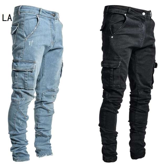 Jeans Men Pants Casual Cotton Denim Trousers Multi Pocket Cargo