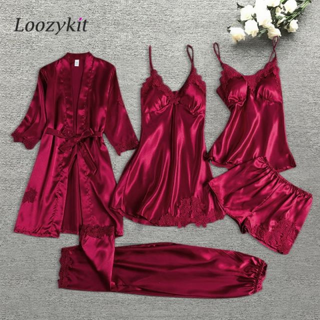 Fashion 5 Pieces Pajama Sets Night Dress Women Sleepwear Women Silk Pajamas  Home Clothes Summer Sets Casual Lace Sexy Clothes