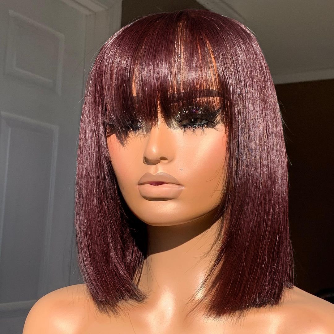 99J Burgundy Red Short 100 Human Hair Wig with Fringe for Women