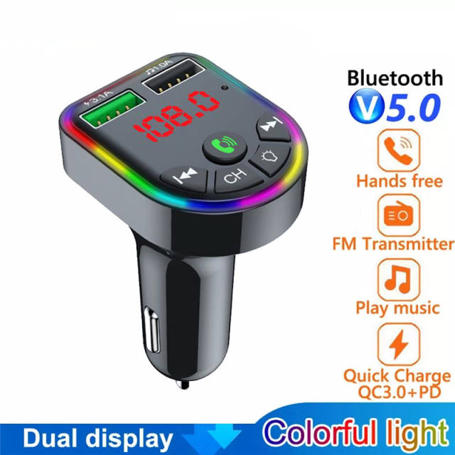 F5 Car MP3 Player Ambient Light Car Cigarette Lighter Bluetooth 5.0 FM  Transmitter Car Fast Charger Dual USB TF U Disk Play