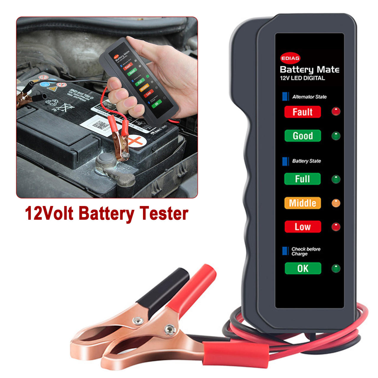 Digital Battery Tester Alternator for Vehicles with 6 LED Lights