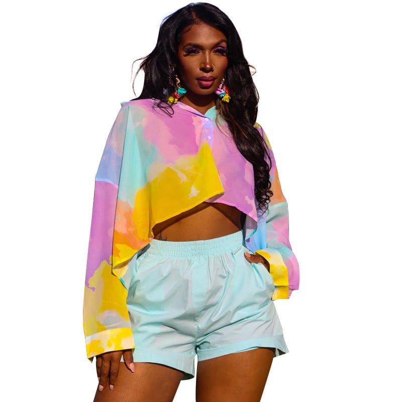 Women's New Lapel Long Sleeve Contrast Color Smudge Short