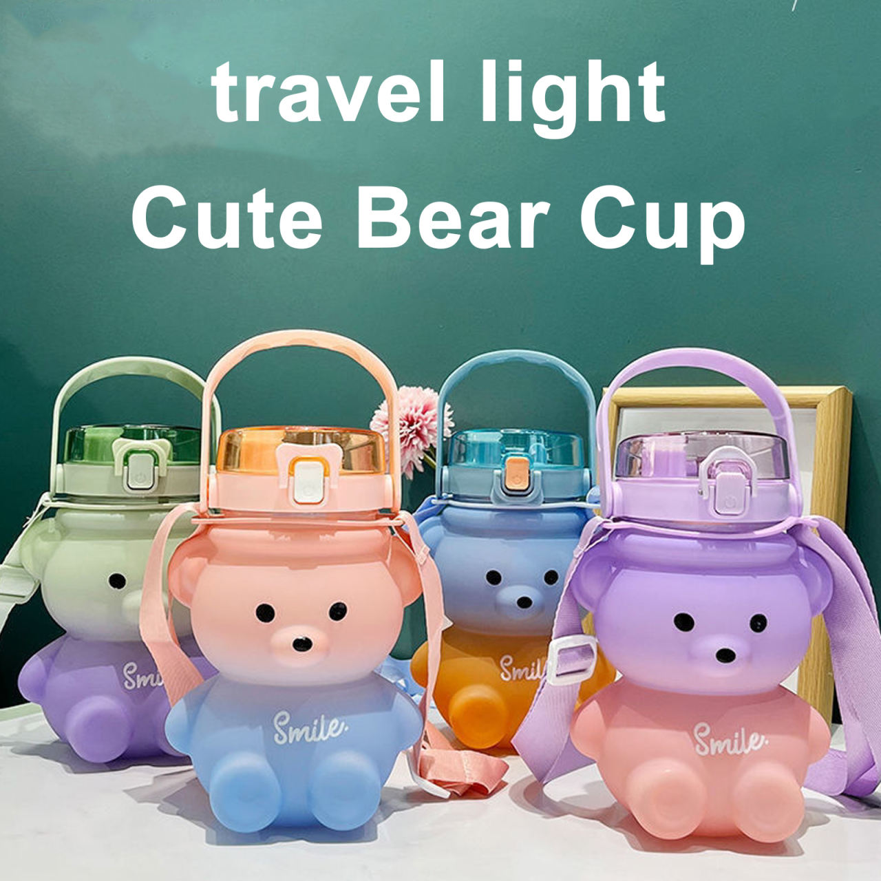 Cute Bear Water Bottle With Adjustable Shoulder Strap & Straw