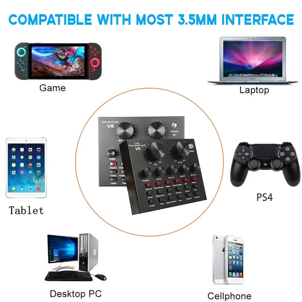 V8 Sound Card Audio Set Interface External Usb Live Microphone Sound Card Bluetooth Function for Computer Pc Mobile Phone Sing