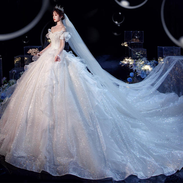 Sheer Neck Wedding Dresses New Dreamlike Temperament Luxuriant Women Dress  Long Tail Bridal Ball Gown Wedding Dress Custom Made