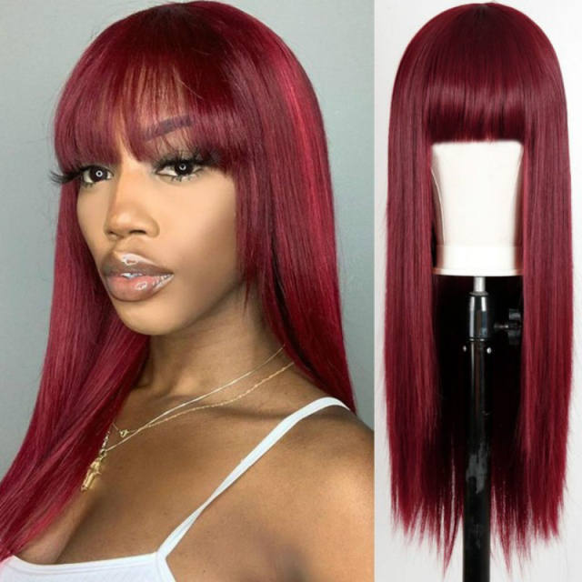 European and American fake brown wine red hair Qi bangs long straight hair  chemical fiber women's headgear