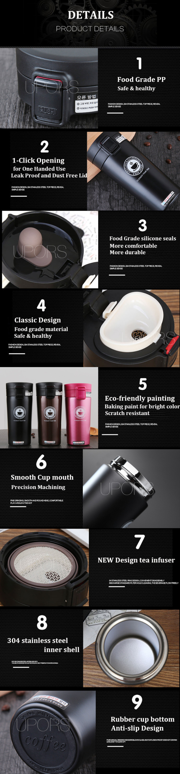 UPORS Premium Travel Coffee Mug Stainless Steel Thermos Tumbler Cups Vacuum  Flask thermo Water Bottle Tea Mug Thermocup