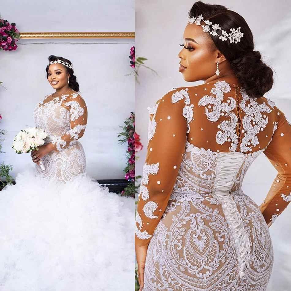 African Mermaid Wedding Dress Lace Long Sleeve Sheer Neck Women s Dress Long Tail Bridal Wedding Dress Custom Made