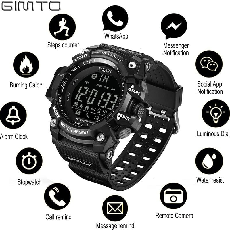 GIMTO Sports Mens Smart Watch Men Pedometer Calories Waterproof Smartwatch Electronic Wrist Watches For Men Digital Bluetooth