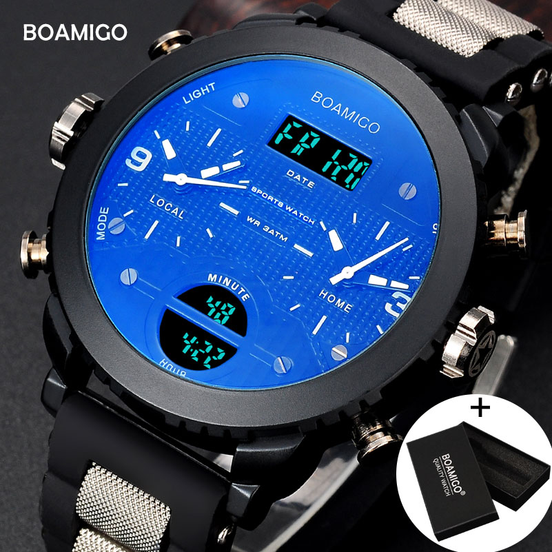 men watches BOAMIGO brand 3 time zone sports watches male LED digital quartz wristwatches gift box relogio masculino