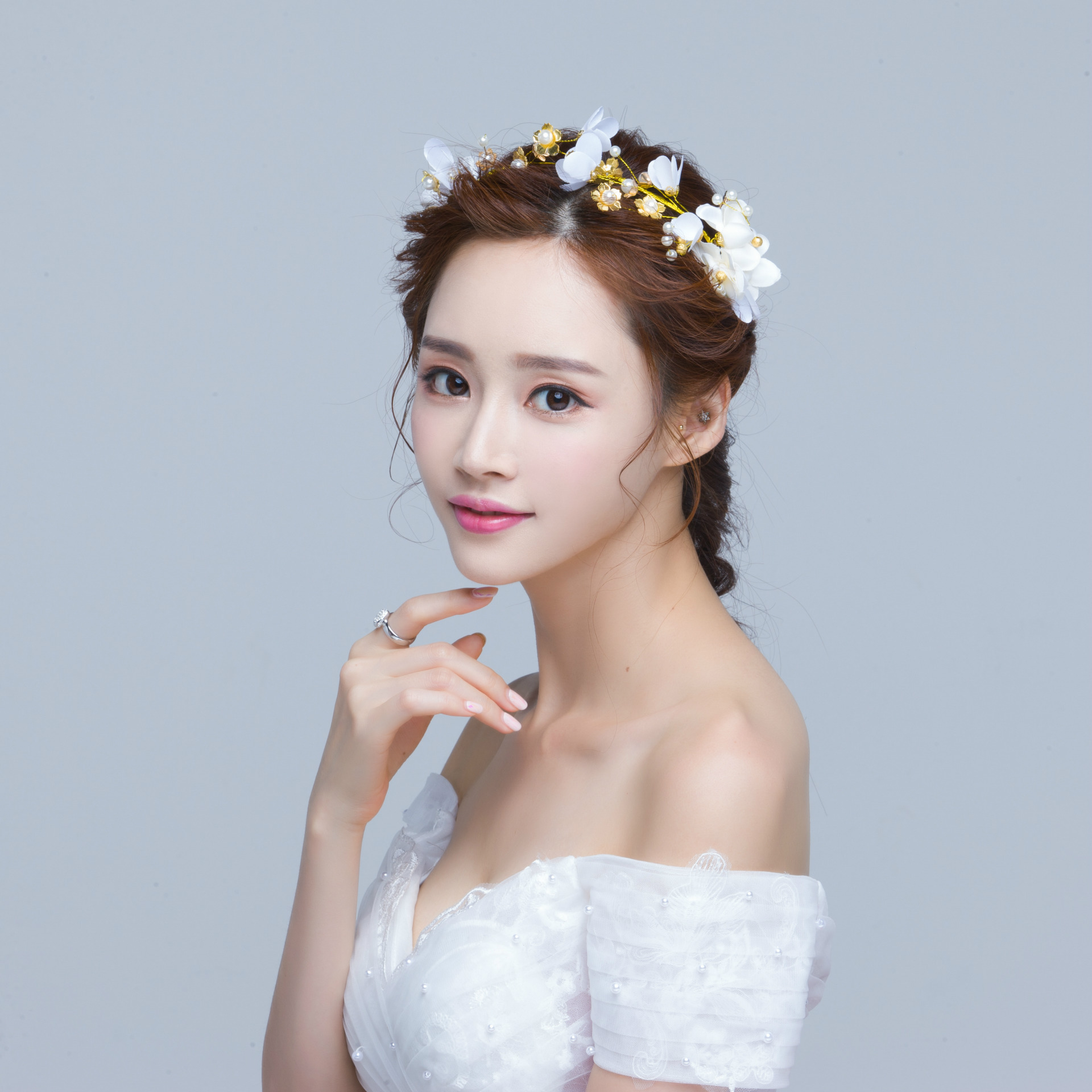 High end copper wire handmade pink flowers golden leaves bridal headdress soft bride