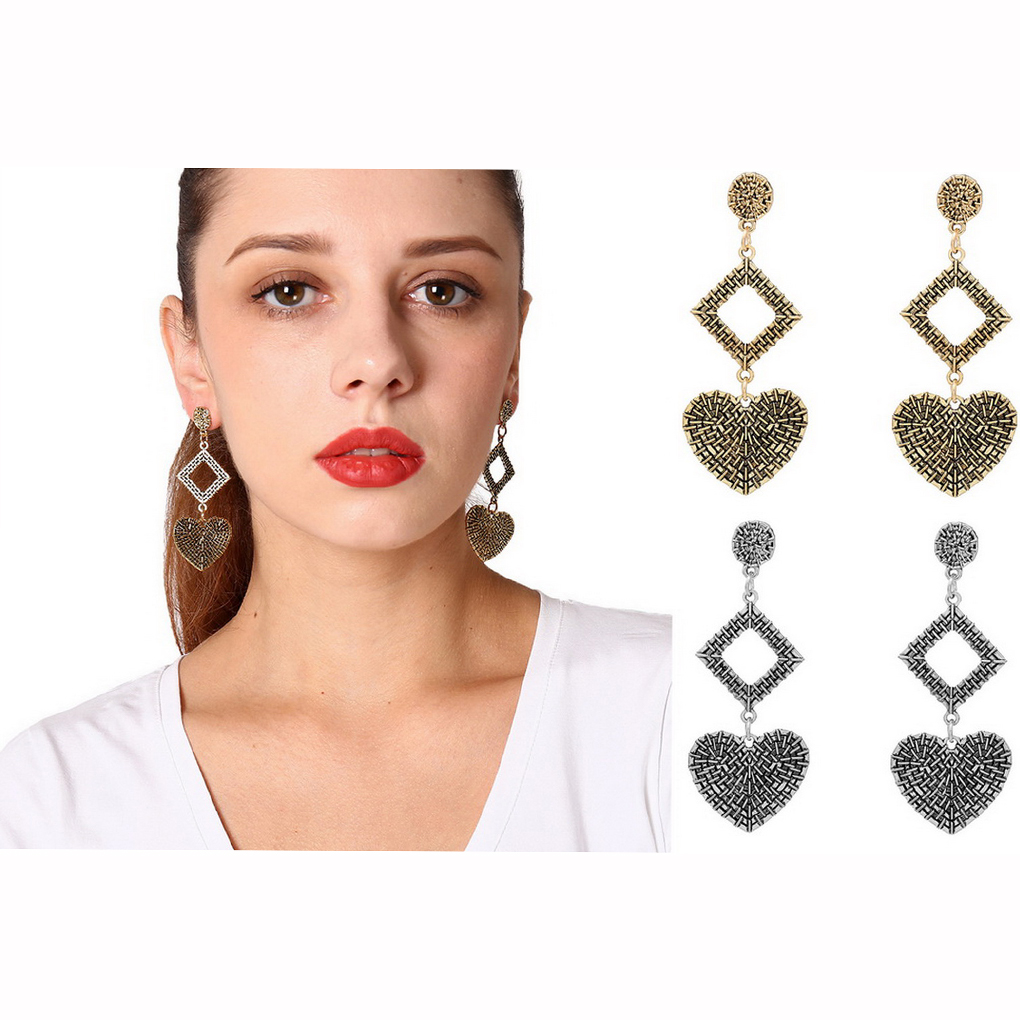 COMVIP Lady Vintage Bohemian Alloy Heart Pendant Stud Earring Jewelry
