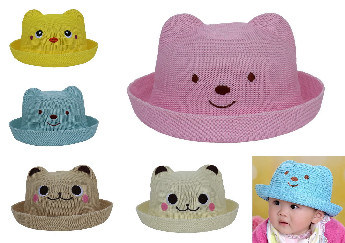 COMVIP Children Cartoon Animal Roll Up Brim Sun Cap Straw Hat