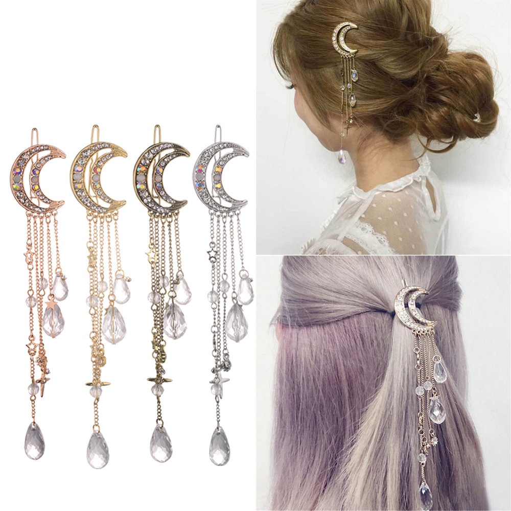 Wholesale Moon Rhinestone Beads Dangle Hairpin Hair Clip Women Bridal Jewelry
