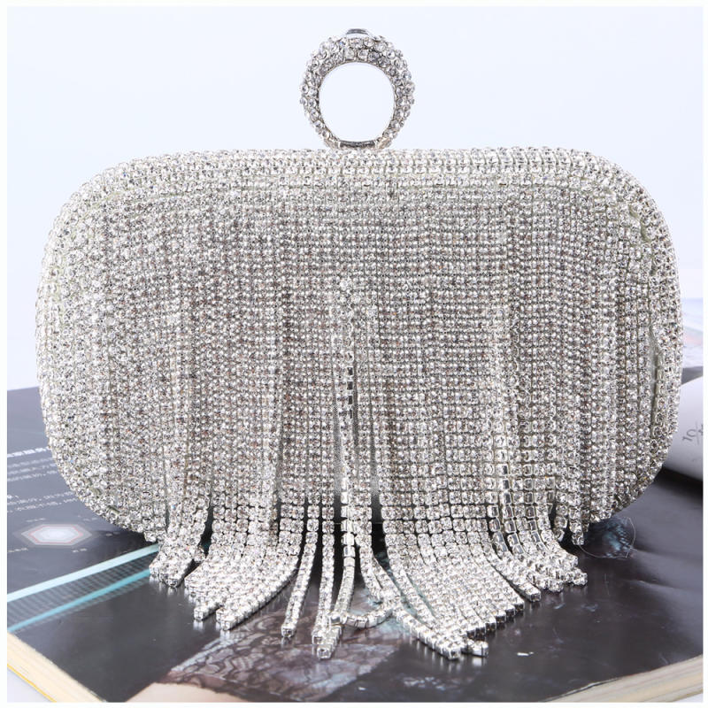 Diamond Tassels Ring Clutch Bag Women Vintage Shoulder Clutches Purse  Female Sliver Fashion Party Wedding Chain Evening Bags