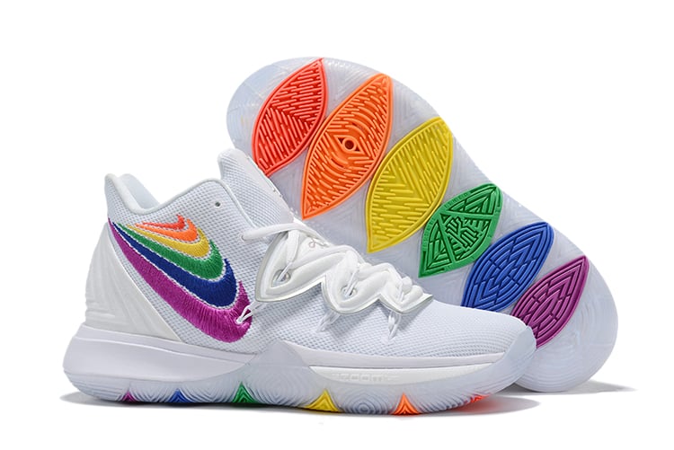 white nikes with rainbow bottom