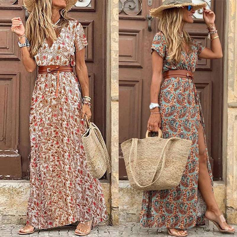 Dress Dames,Boheemse Lange Jurk Voor Dames Elegante V-Hals Paisley Bloemenjurk Lange Rode Casual Jurk Riem Maxi-Jurk Grote Zoom Strand Boho Jurk Voor Meisjes Dames,3Xl