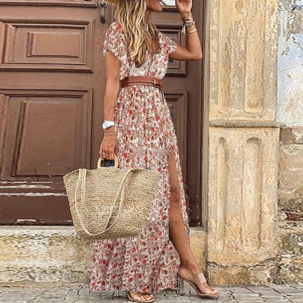 Casual zomerjurk voor dames, korte mouwen, bloemenprint, swingjurk, casual, strandjurk, split, maxi-jurk, Groen, XL