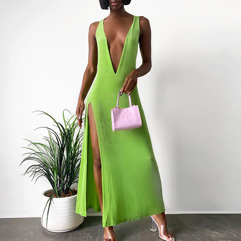 Free Shipping High Quality 2022 New Summer Women s Clothing Hot Sale Solid Color Sexy Deep V High Slit Dress