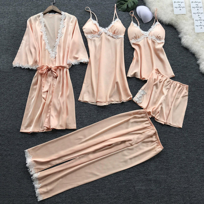Elegant Silk Sleepwear 5 Pieces Sets