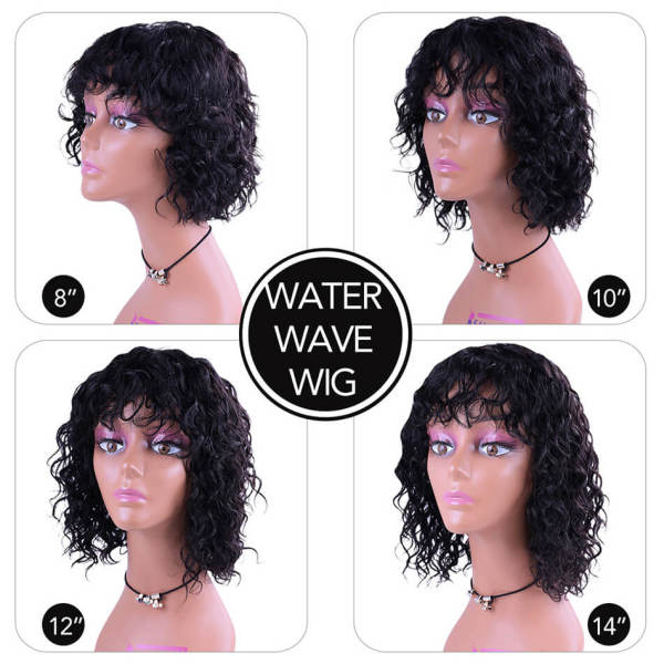 Water Wave Short BoB Wigs 100 Human Hair Wigs with Bangs Brazilian None Lace Machine Made Wig Black Color