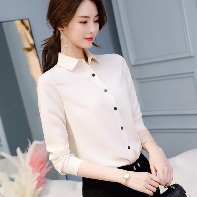 Women White Blouse Fashion Casual Slim Elegant Office Long-sleeve