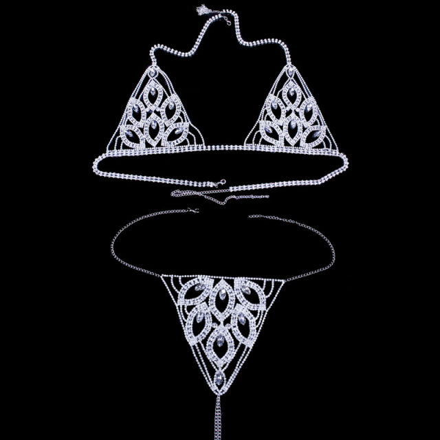 Body Chain Leaf Shape Rhinestone Thong Bikini Chain Underwear for