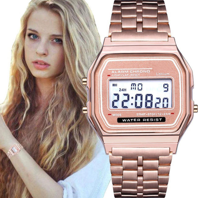 Luxury Rose Gold Women Digital Watch Ultra thin Steel LED