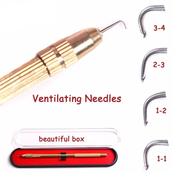 Wig Ventilating Needle Kit 1 Pcs Needle Holder 4 Pcs Ventilating Needles(1-1,1-2,2-3,3-4) for Making Lace Wig (Brass)