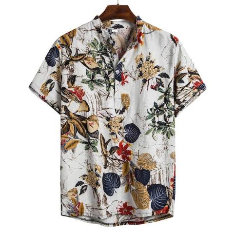 mens ethnic style printed stripe stand collar short sleeve loose henley shirts