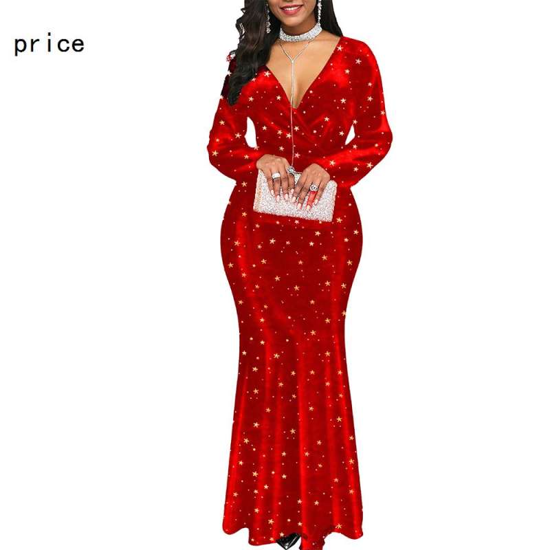Women Dress 2021 Spring Elegant Sexy Deep V Neck Banquet Long Party Dress  Casual Plus Size Slim Star Print Mermaid Maxi Dresses