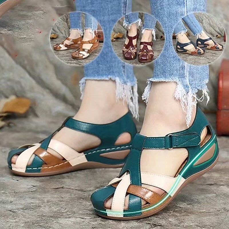 US$23.39-Brand Design Peep Toe Flat Sandals For Women 2023 Summer Non Slip  Outdoor Slippers Woman Fashion Patchwork Slides Shoes -Description