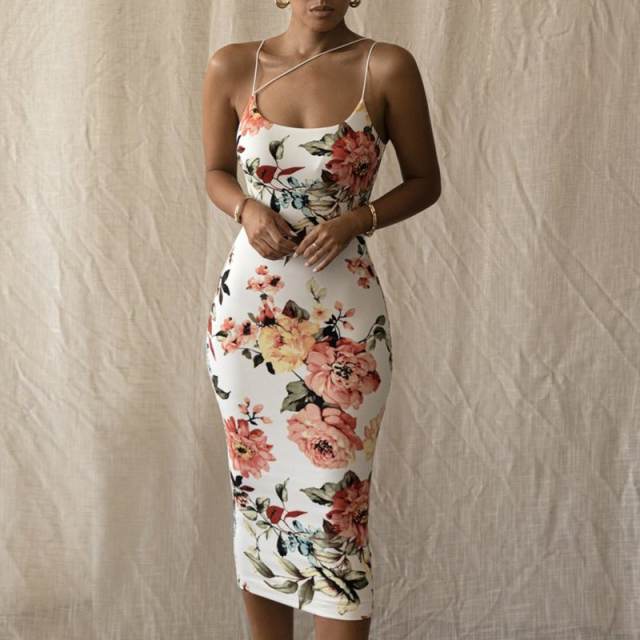 Hugcitar Sleeveless Floral Straps Bodycon Backless Dress Summer Sexy Women  Streetwear Y2K Party Casual Club