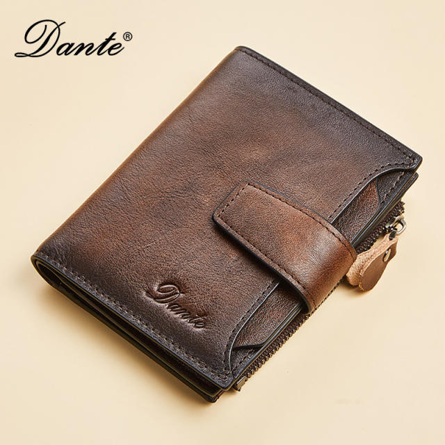 Men's Genuine Leather Wallet Vintage Short Multi Function Business Card  Holder RFID Blocking Zipper Coin Pocket Money Clip