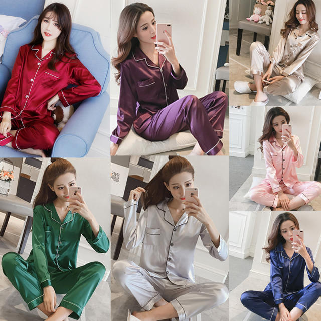 Fashion Womens Silk Satin Pajamas Pyjamas Set Long Sleeve Sleepwear Pijama  Pajamas Suit Female Sleep Two Piece Set Loungewear Plus Size