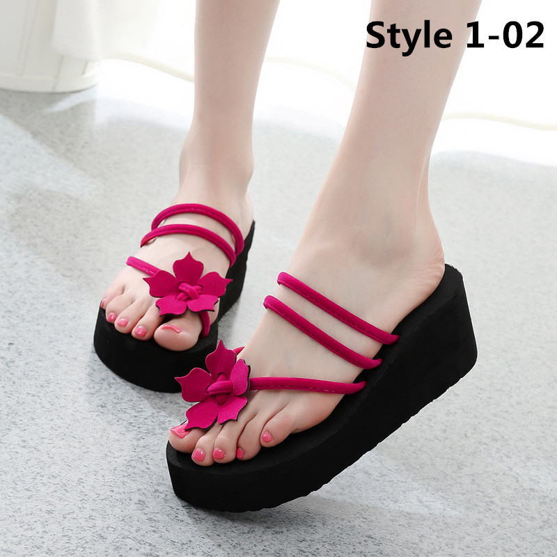 Ladies new fashion casual flip flop sandals and slippers high heel platform  sandals and slippers flower flip flops ladies sandal