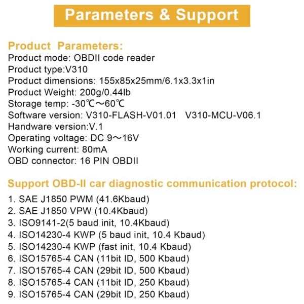 Outil OBDII/EOBD de balayage de lecteur de Code de défaut de V310 OBD a lu  le scanner automatique d'outils de Diagnostic de voiture de DTC OBD 2 OBD2  VS ELM327 V (YELLOW)