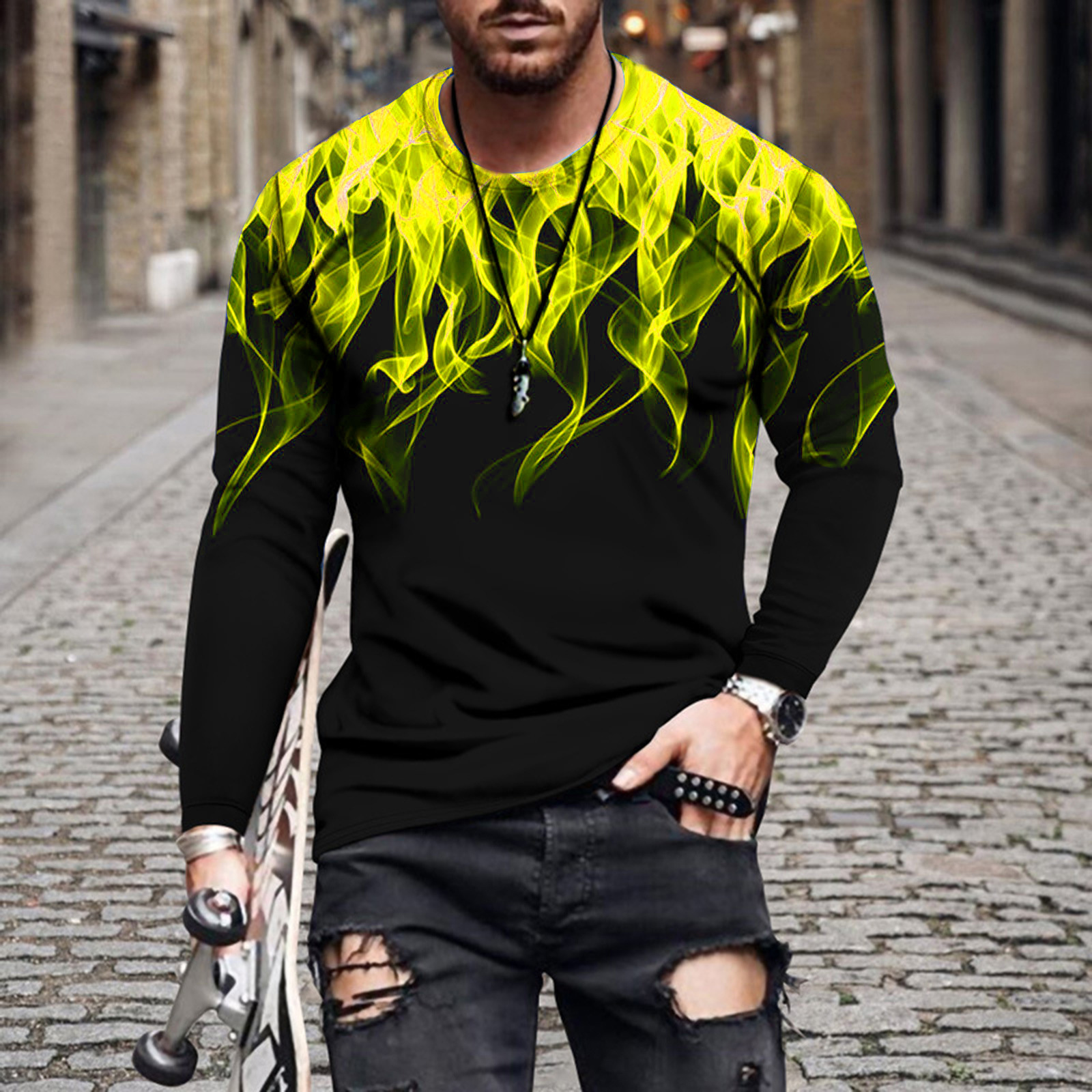 New Men's Flame Print Simple Men's Long Sleeve T-Shirt men