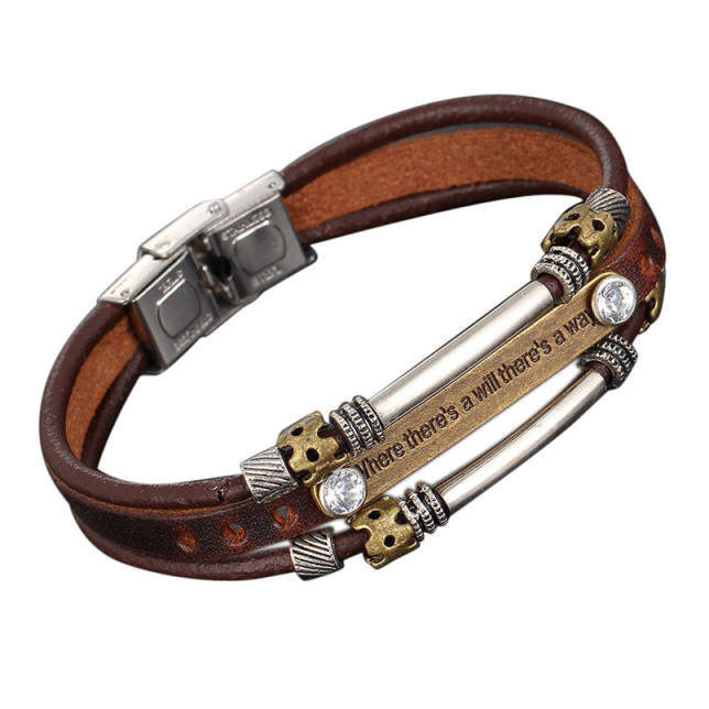 Dropship Trendy Leather Bracelets Men Stainless Steel Multilayer