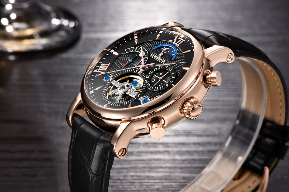 BINSSAW Men Automatic Mechanical Tourbillon Luxury Brand Watch Fashion Leather Rose Gold Sports Watches Relogio Masculino