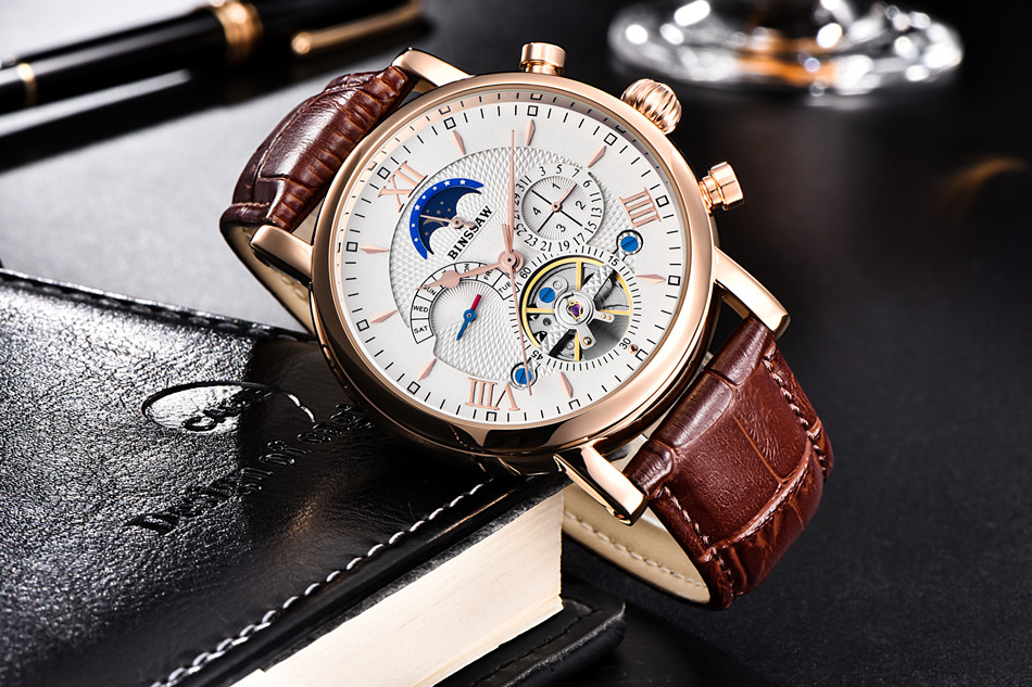 BINSSAW Men Automatic Mechanical Tourbillon Luxury Brand Watch Fashion Leather Rose Gold Sports Watches Relogio Masculino