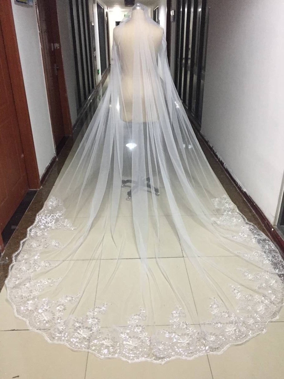 4M Bride Bridal Cathedral Lace Edge Sequined Long Veil Comb Ivory For Wedding