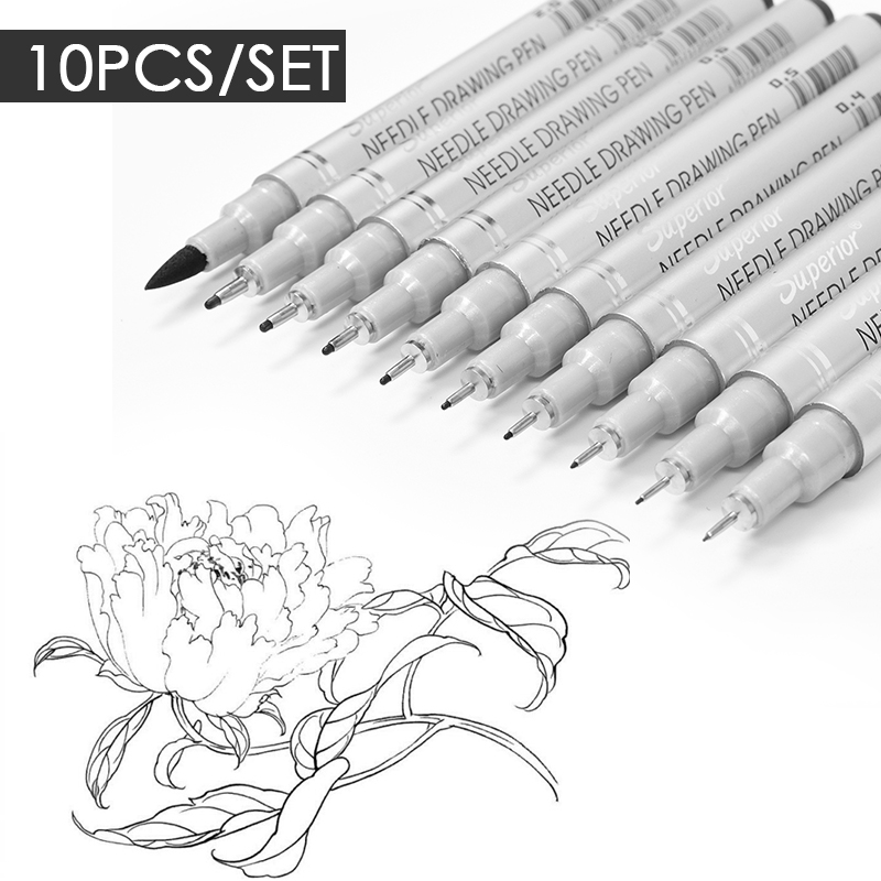 10pcs Needle Drawing Pen Waterproof Sketch Pigment Fine