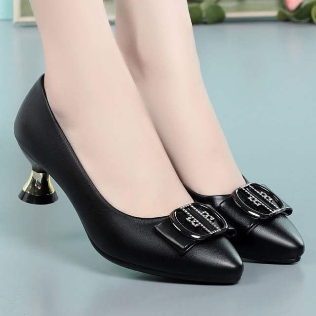 Women s Fashion Medium Heel Shoes Wine Glass Heel Shallow Comfort Soft Leather Black Round Toe Small Leather Shoes