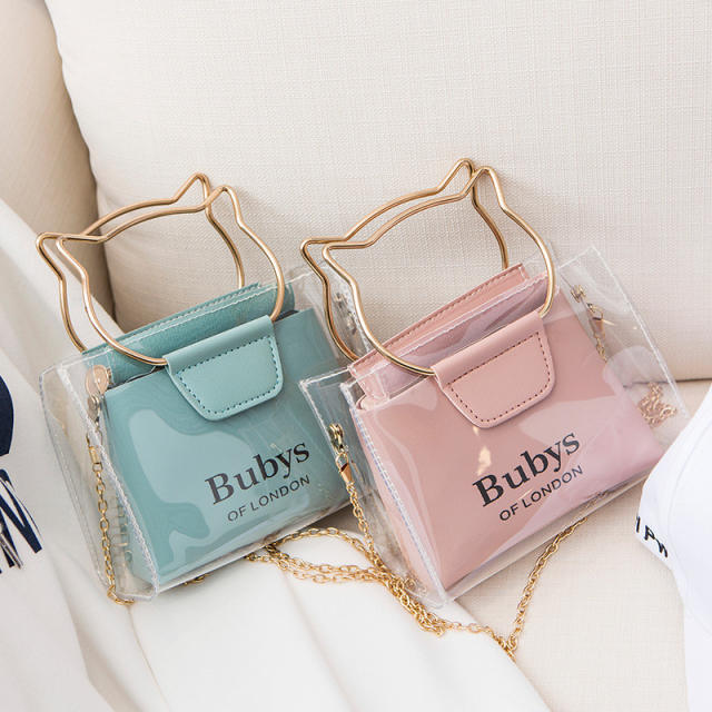Cat Shape Handle Handbags Transparent Clear PVC Jelly Shoulder Bag Summer  Women Girls Letter Print Mini Crossbody Messenger Bags