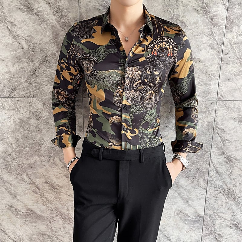 Luxury Print Casual Shirt Men Long Sleeve Slim Dress Shirts 2021