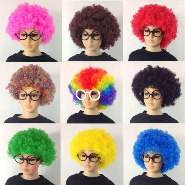 Multicolor Short Curly Explosive Head Wig Props Funny Fluffy Clown Wig Caps Wavy Round Clown Hair Fans Wig Adult Child