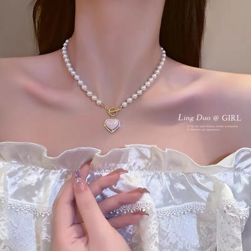 Ins elegant imitation pearl Heart Necklace Fashion diamond