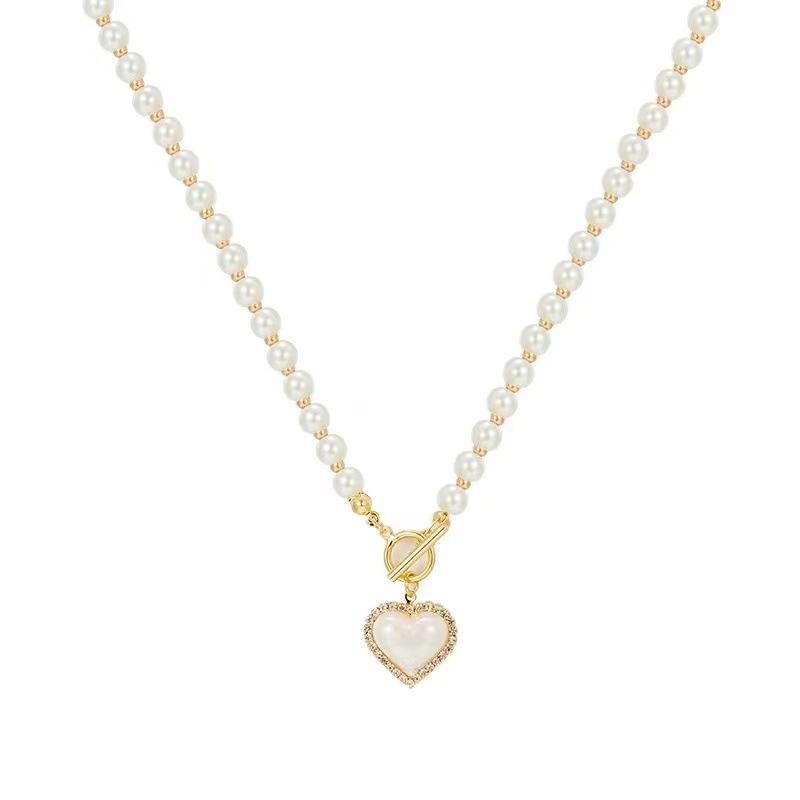 Ins elegant imitation pearl Heart Necklace Fashion diamond