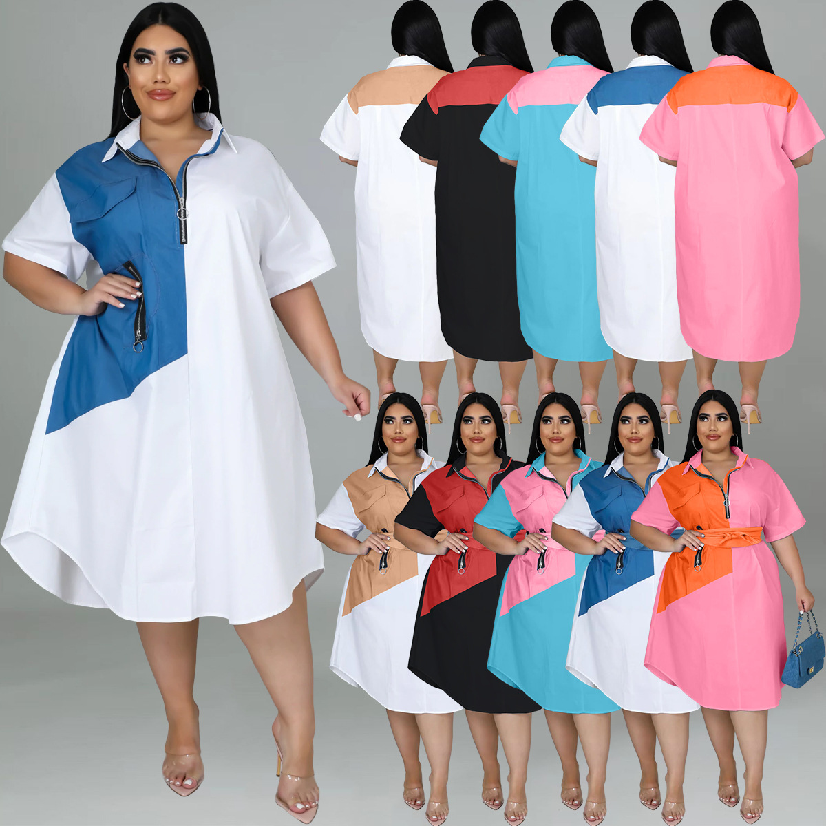 3COLOUR★Patchwork dress waist A-line skirt ワンピース 316 Spring Korea Women Patchwork Double Color Elegant Button